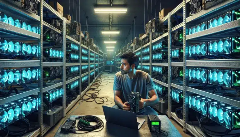 ethereum-miner-working-on-gpu-mining-rigs-in-an-industrial-warehouse-facility