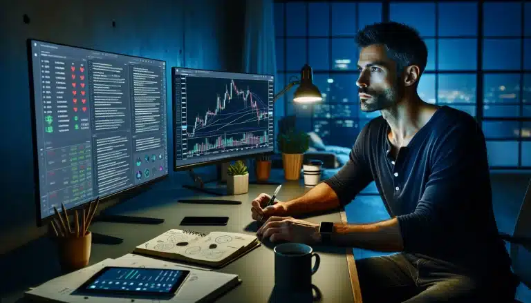 investor-analyzing-cryptocurrency-token-launch-data-on-multiple-computer-monitors-at-home-office-des