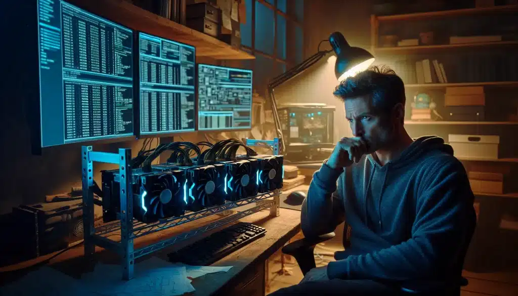 man-in-home-office-contemplating-inactive-ethereum-mining-rig-with-multiple-gpus-and-monitors