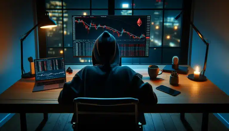 person-at-desk-viewing-declining-ethereum-cryptocurrency-charts-on-monitor-at-night