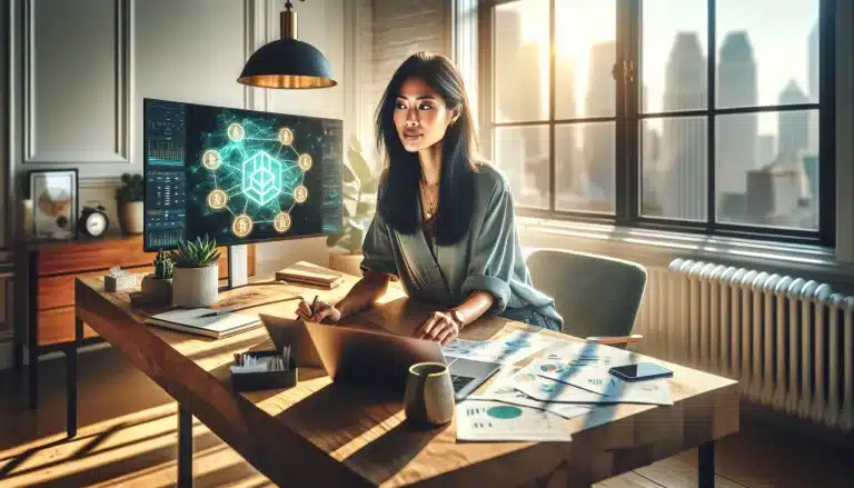professional-working-on-decentralized-finance-platform-at-home-office-desk-with-blockchain-interface