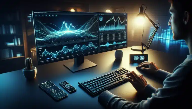 trader-viewing-magic-eden-marketplace-with-bored-ape-nfts-and-ethereum-blockchain-data-on-monitor