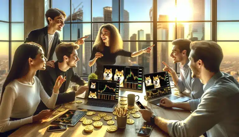 young-investors-gathered-around-laptops-viewing-cryptocurrency-trading-charts-with-meme-coin-mascots