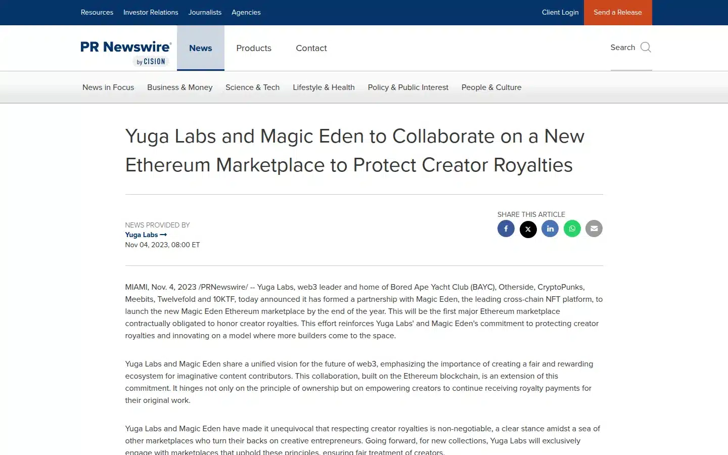 Magic Eden and Yuga Labs: Ethereum NFT Guide 2 PR Newswire announcement for the Yuga Labs and Magic Eden Ethereum marketplace partnership