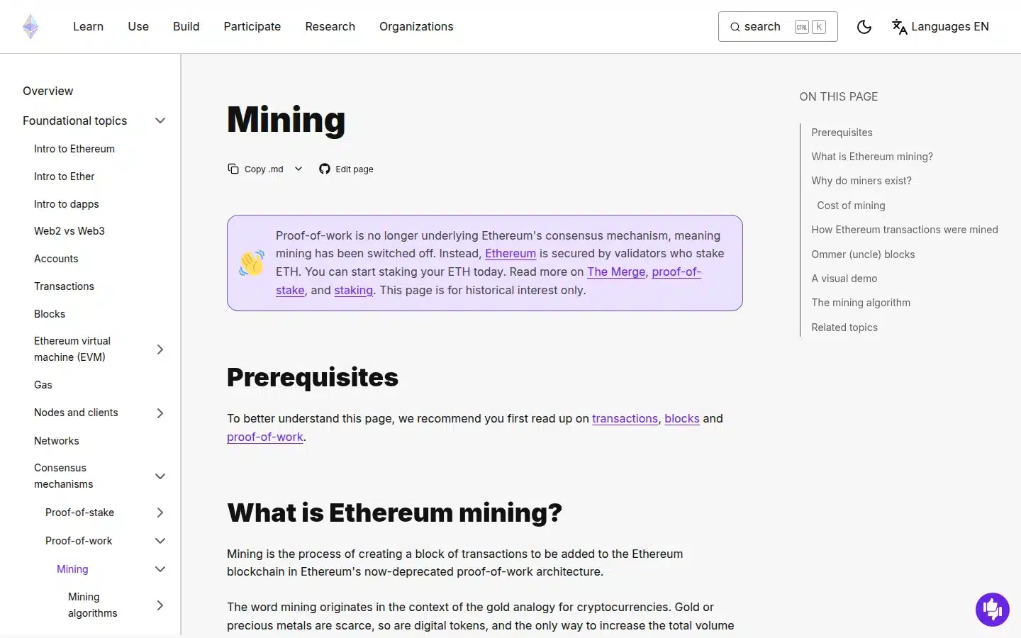Can You Still Mine Ethereum? 2 ethereum.org developer documentation page on mining stating that mining has been switched off and Ethereum is now secured by staking validators.